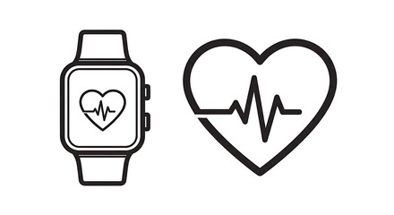 Graphic of a smartwatch showing a heart rate monitor beside a stylized heart with a waveform