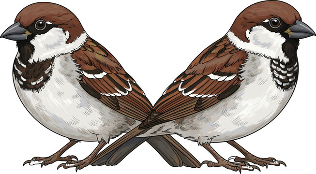 Pair of sparrow birds illustration mirrored composition, detailed realistic brown white passerine wildlife drawing, small bird vector art isolated on light 