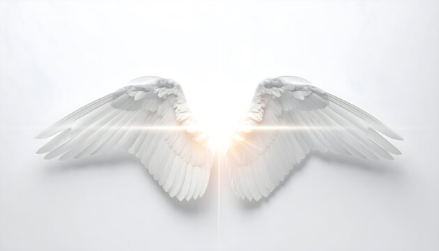 Inner Light Radiant Wings isolated on white background. Minimal white feather wings with bright luminous core at center seam