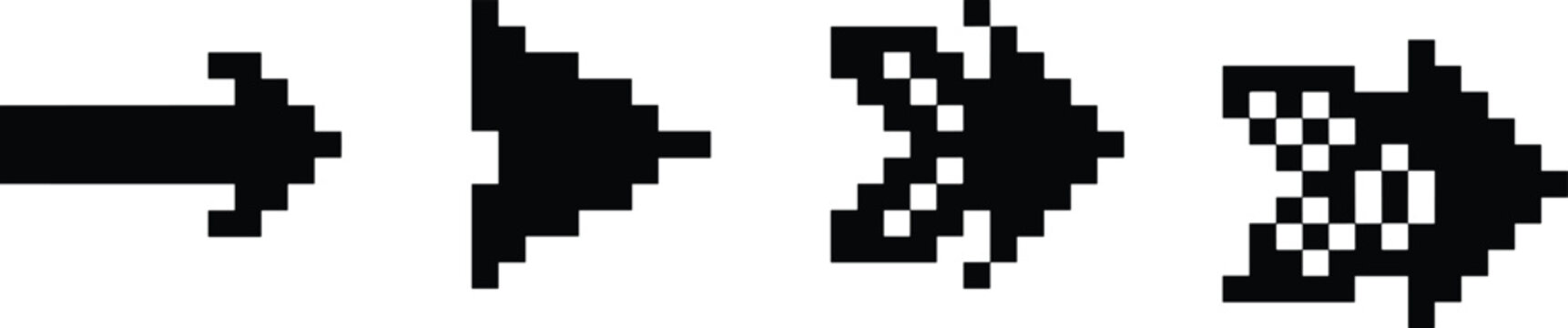 Pixel arrow cursor icons set showing progressive digital pointer styles, retro black and white pixel art illustration for user interface and technology concepts