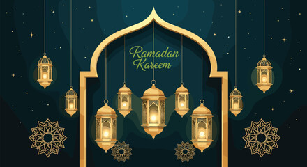 Ramadan Kareem greeting background with glowing lanterns Islamic arch and golden ornaments elegant night sky design festive vector illustration for Eid celebration © MstKhadija