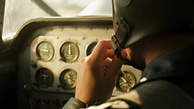 Pilot's perspective inside an aircraft cockpit with vintage gauges and controls, showing attention to detail