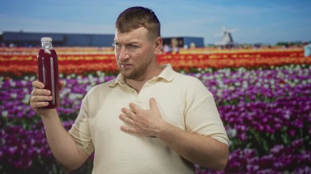 Man holding bottle with hand on chest in studio with tulip field backdrop and windmill visible; skepticism healthy drink.