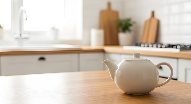 White ceramic teapot on a light wooden table in a bright, modern kitchen interior with blurred cabinets and morning light