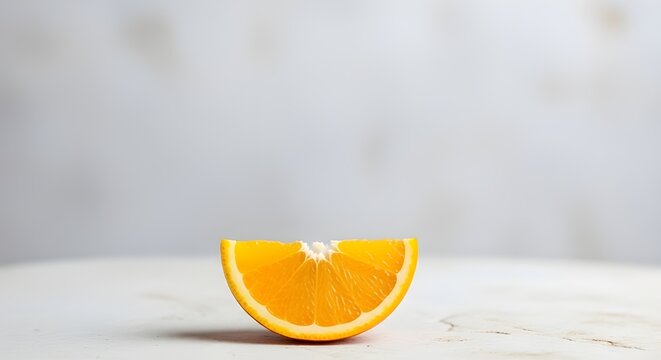 A vibrant, fresh orange wedge centered on a white textured surface with a soft, blurred light grey background, emphasizing health and minimalism.