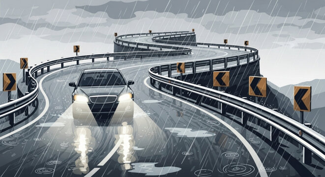 Car drives on winding mountain road during rainy day with headlights on wet asphalt road with guardrails and directional signs stormy weather