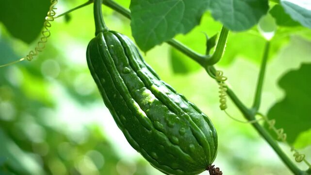 Closeup of a fresh green bitter melon growing on a vine in a garden.