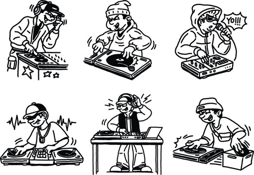 Vintage Vintage Streetwear DJ Characters Mixing Turntables Scratching Vinyl And Rapping Microphone In Retro Hip Hop Urban Music Illustration Style DJ Character Set