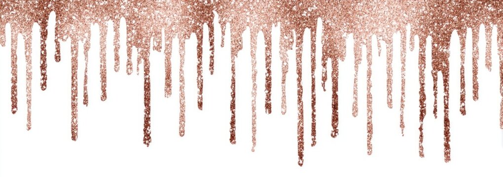 Rose gold glitter drips cascade down a white background