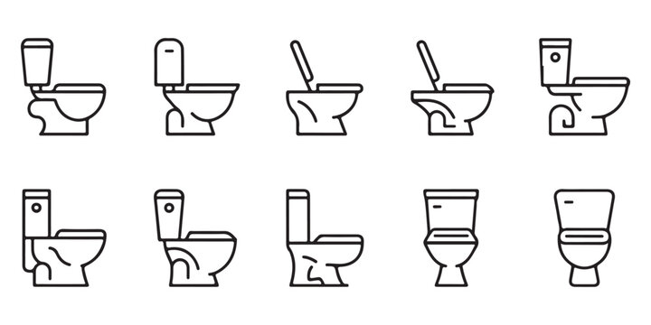 Minimalist toilet line icons featuring front and side views for modern bathroom architectural representation