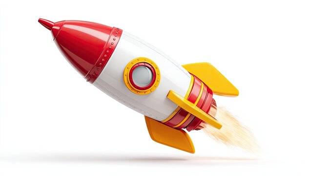 Red and white rocket blasting off with yellow fins and window
