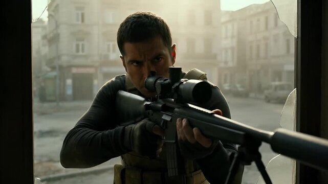 Man aims rifle with scope from window with city buildings in background