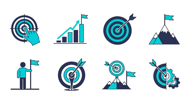 Achieving success with target focus and strategy icons representing goals and progress in business and personal growth