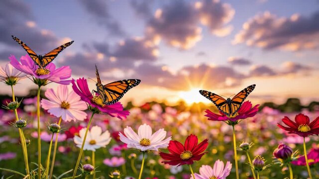 Monarch butterflies dance among vibrant cosmos flowers at sunrise, showcasing nature's delicate beauty and the magic of spring meadows