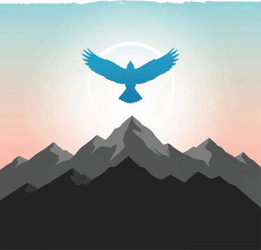 Blue Bird Flying Over Mountains Illustration.