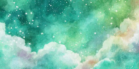 Obraz premium Watercolor depiction of a dreamy cosmos with stars, clouds, and ethereal colors