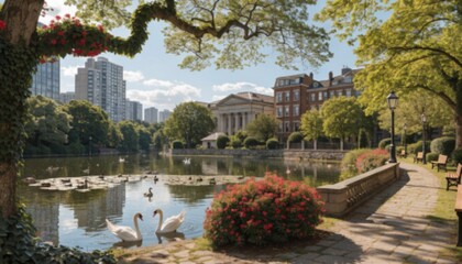 Obraz premium Beautiful City Park Lake with Swans and Urban Skyline
