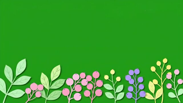 Charming botanical illustration with delicate leaves and berries on a vibrant green background, perfect for spring and summer themes