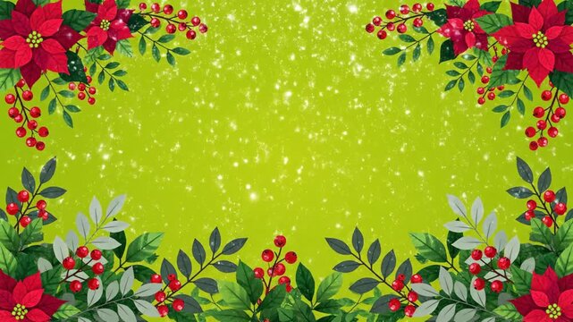 Festive green background with poinsettias and berries, perfect for holiday greetings and winter themes
