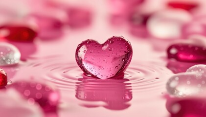 Obraz premium Heart's Embrace: A solitary, translucent heart rests serenely on a tranquil surface, surrounded by delicate droplets, conveying a sense of serenity and love.