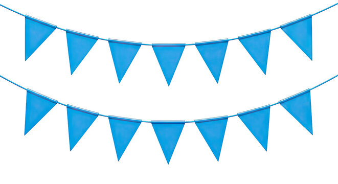 Two rows of blue triangular bunting flags on white background