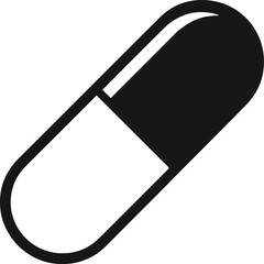 Minimal vector silhouette, pill capsule medicine icon in side view, clean bold black shape, pharmaceutical concept, solid black, isolated on white background.