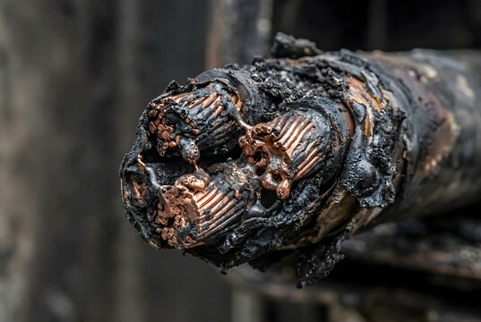 Extreme macro close-up of the severed end of an industrial power cable destroyed by an electrical fire