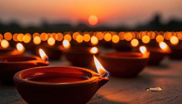 Diwali Lights: An array of flickering clay lamps bathed in the warm embrace of the setting sun, evoking a sense of tranquility. The scene of lights radiates with cultural tradition, spiritual depth.