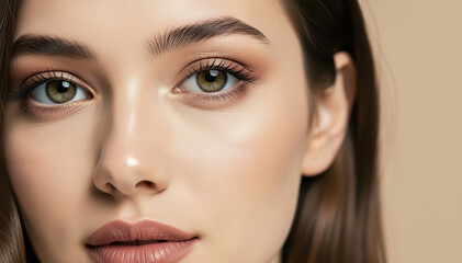 Fototapeta premium Captivating Gaze: A close-up shot of a woman with radiant skin and alluring eyes. The portrait style emphasizes natural beauty.