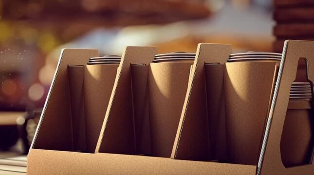 Cardboard Drink Carrier with Four Beverage Cups on Outdoor Table