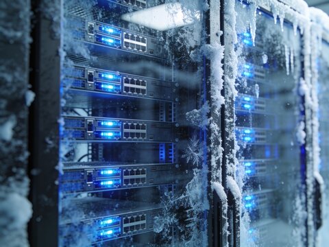 Server racks and network equipment are heavily encrusted with snow and ice, with glowing blue lights visible.