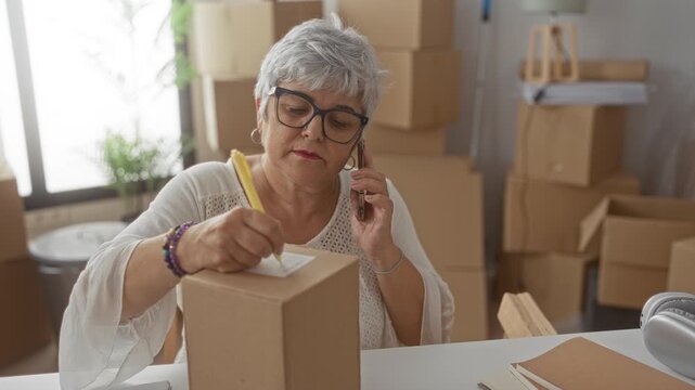 Woman labeling cardboard box with pen while talking on phone in building, packing moving boxes and notebooks on table; determination transition.