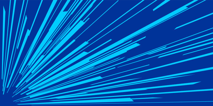 Blue manga speed lines with radial burst effects and action comic book energy. Vector anime background with lightning shock focus, motion zoom overlays and horizontal blast impact screentones.