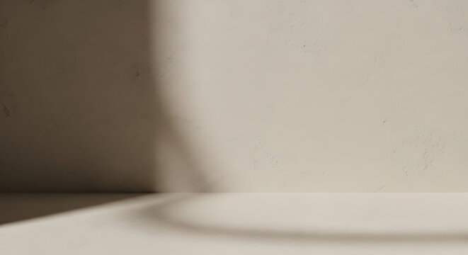 Minimalist abstract backdrop with soft aesthetic leaf shadow cast on beige textured plaster wall for elegant product presentation and professional studio photography scene.