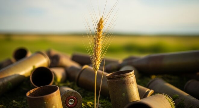 A single wheat plant grows among scattered artillery shells in a field
