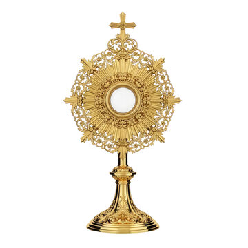 Ornate golden monstrance with intricate filigree and a central white host isolated on a transparent background