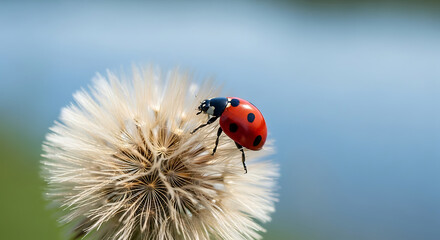 Obraz premium Elegant Coccinellid Ladybird Perched on Soft Downy Blossom During Sunny Spring Macro View with Ethereal Pastel Blue Bokeh Background Outdoors
