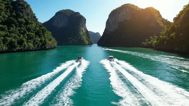 Speedboats race through emerald waters amidst majestic limestone karsts under sunlight