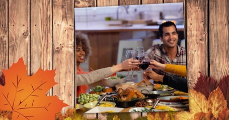Vertical video: Friends gathering around framed table scene at home, turkey arriving and toasting © vectorfusionart