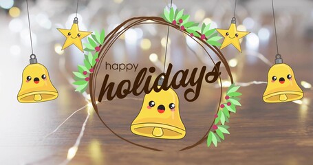 Displaying brown brushstroke wreath with happy holidays text and yellow bell on wooden tabletop