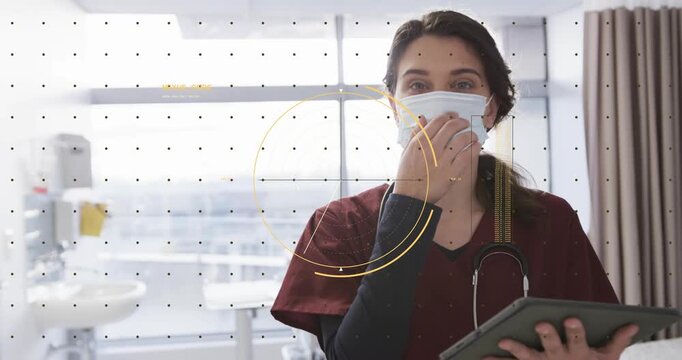 Female clinician tapping tablet, showing HUD NEXUS_CORE, reviewing data, lowering mask and smiling