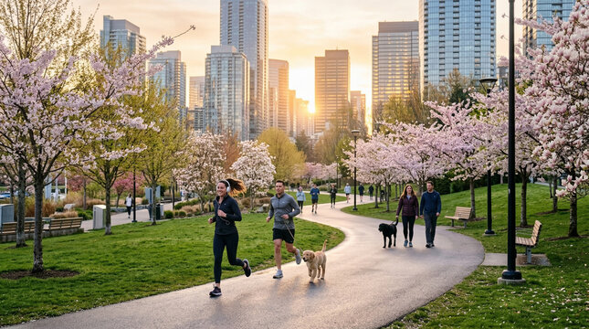 Early spring morning in a modern city park with blooming cherry trees people jogging with dogs on a paved path and sunlit skyscrapers in the background creating a vibrant