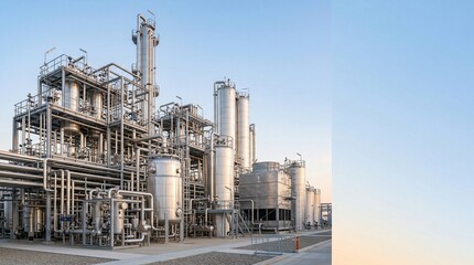 Fototapeta premium Industrial refinery complex with metal pipes and storage tanks under clear sky, modern engineering, clean environment, detailed structure, daytime lighting