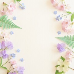 Obraz premium Soft Spring Floral Frame with Pastel Flowers and Leaves on Light Background with Copy Space