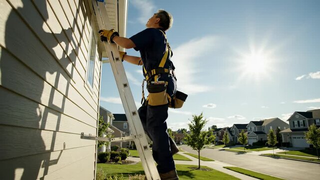Worker Climbing Ladder on House Exterior