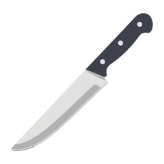 A sharp kitchen knife with a dark handle sits isolated against a white background.