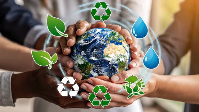 Diverse Hands Holding Earth with Eco Icons