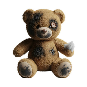 A dirty and damaged teddy bear sitting alone on transparent background