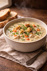 Creamy chicken soup with croutons and parsley in rustic ceramic bowl