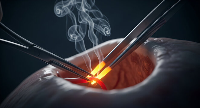 Surgical forceps holding heated surgical tool for cauterization